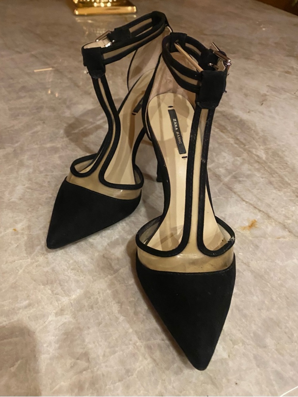 Zara Black and see through Pointed T-Strap Heels size 7